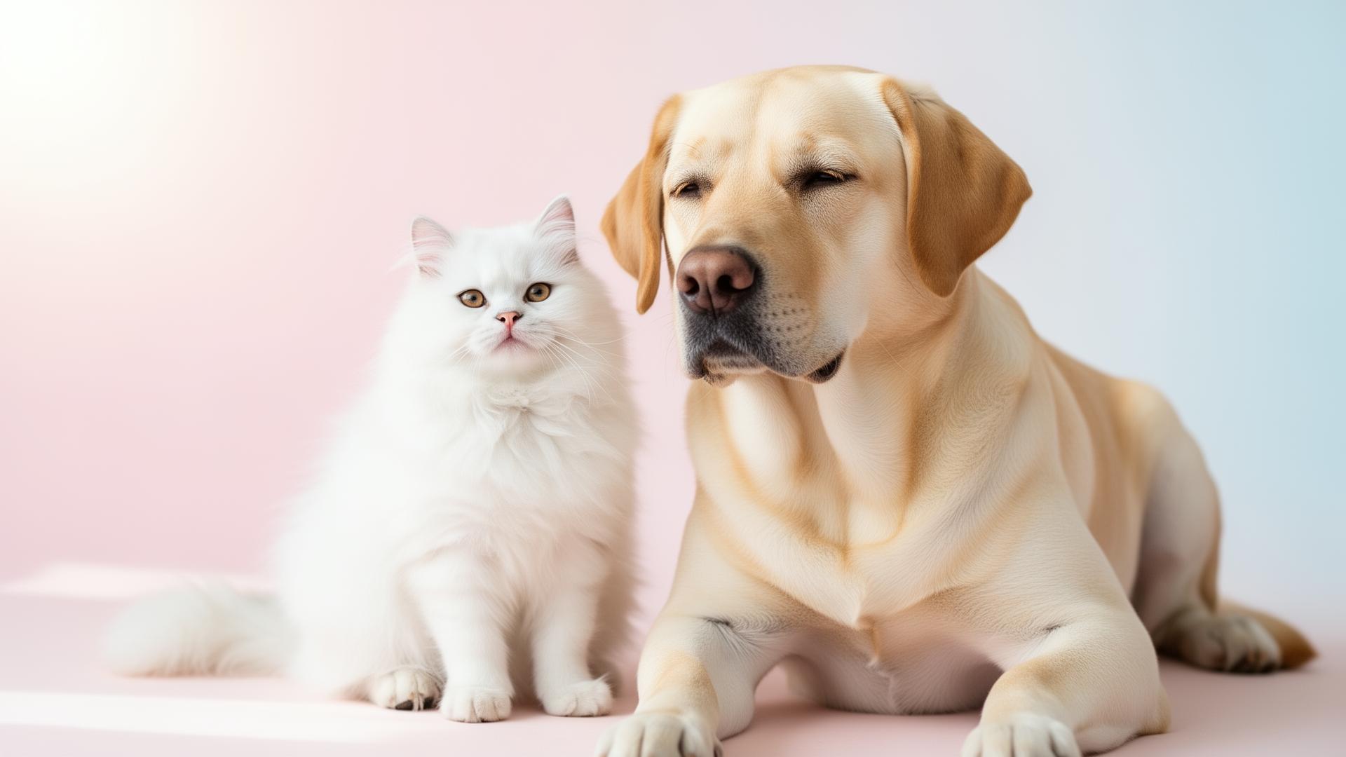Cute puppy with a fluffy cat